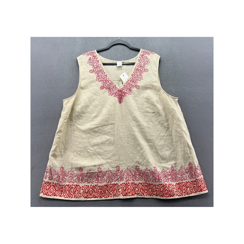 Jones New York Shirt Woman 3X Linen Embroidered Sleeveless V-Neck Top Beige NWT
